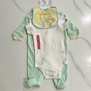 4 piece set: bib, 2 short-sleeve onesies & one striped long-sleeve footed onesie